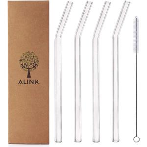 ALINK Glass Smoothie Straws, Reusable Clear Bent 9 in X 10 mm Drinking Straws, Set of 4 with Cleaning Brush