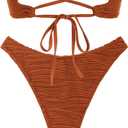 ZAFUL Women Strapless Textured Bandeau Bikini 2 Piece Swimwear Cheeky Solid Lace up Bathing Suits (Brown, M)