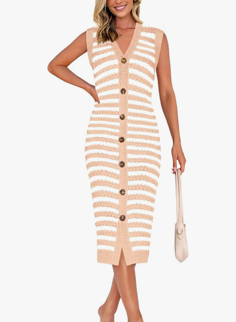 BTFBM Casual Women Spring Dresses 2025 Sleeveless Striped Midi Button Down Dress Ribbed Knit Cardigan Cover Up Dress(Striped Khaki White, Small)