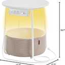 VASAGLE Side Table with Charging Station,Fabric Basket, LED Round End Table Modern Small Nightstand with USB Ports for Living Room, Bedroom, Matte White and Camel Brown, LILEA Collection ULET227W01, 17.7"D x 17.7"W x 19.7"H