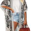 Women's Kimono Beach Cover up for Summer Bathing Suits Cardigans Casual Loose Swimwear (X-Large, Black White)