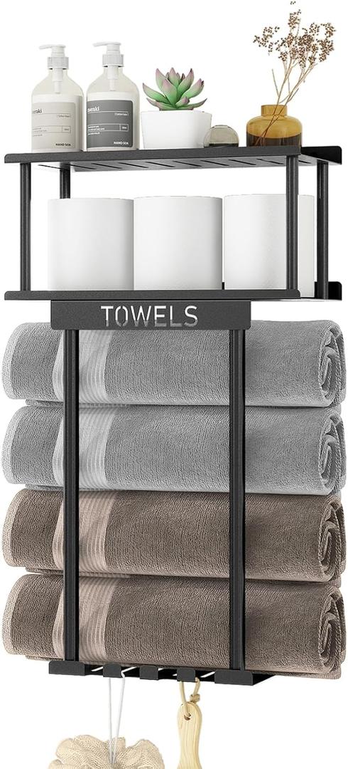 Towel Racks for Bathroom Wall Mounted, Metal Bath Towel Rack for Rolled Towels, Wall Towel Storage Holder with Shelf & Storage Basket, Towel Organizer with Hooks for Small Bathroom - Black