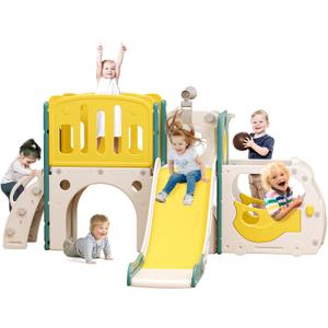 Toddler Slide Kids Slide Playset for Babies Bus Themed Toddler Playground with Climber Baskteball Hoop Indoor Playground Outdoor