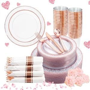 Liacere 350PCS Rose Gold Plastic Plates-Clear Rose Disposable Plates 50 Guests include 50 Dinner Plates,50 Salad Plates,50 Forks,50 Knives,50 Spoons,50 Cups,50 Napkins for Wedding & Mothers Day