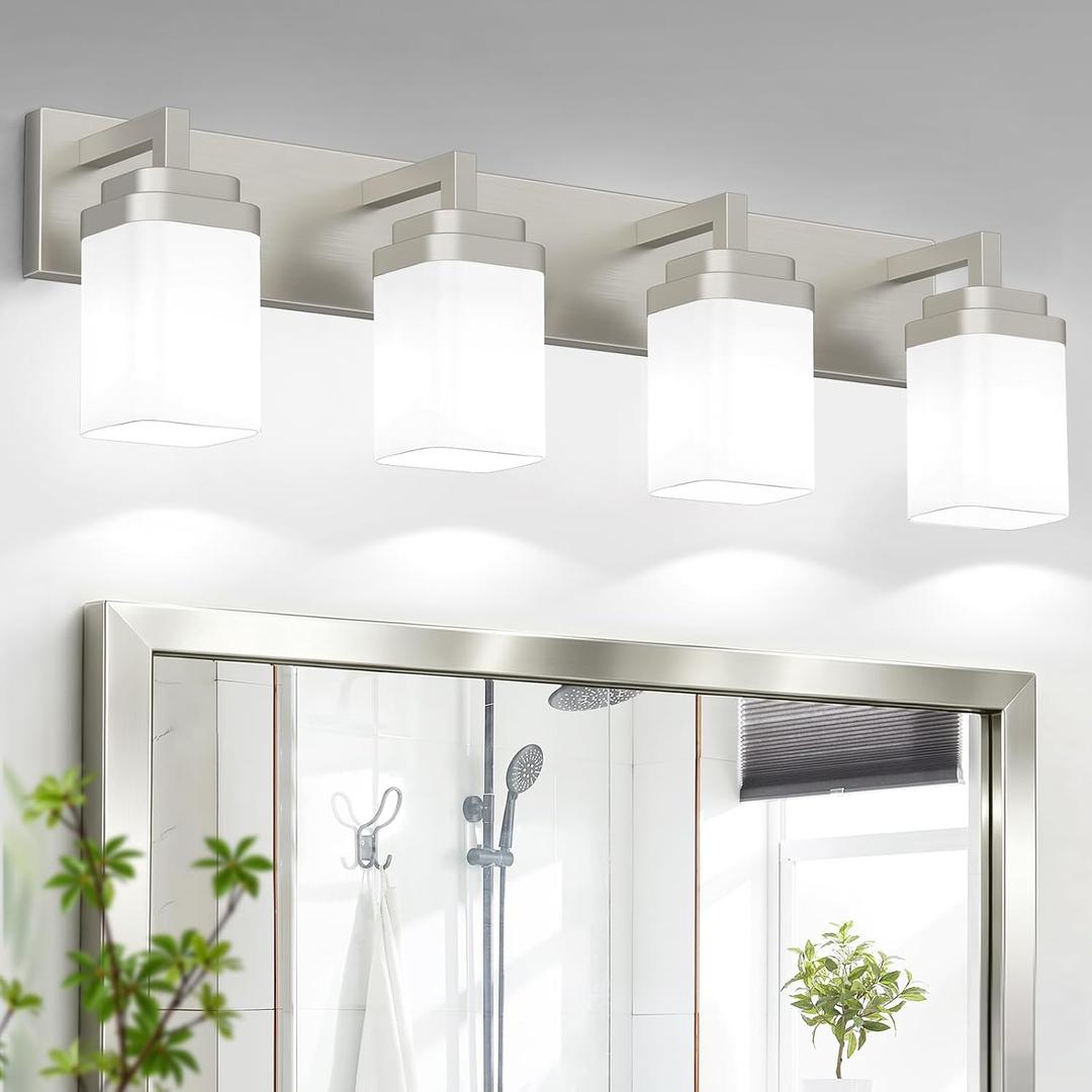 Brushed Nickel Bathroom Light Fixtures, Modern Vanity Lights with White Glass Lamp Shade, Bathroom Lighting Fixtures Over Mirror, Restroom Vanity Lighting Fixture, 4-Light 30 Inch