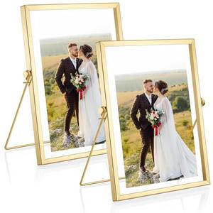 Xaajooio gold picture frames Set of 2, 8.9x7.1 Inch Small Gold Floating Frames for bookshelf decor, Double Glass Desktop Photo Frame Holds Multiple Sizes, Modern Metal Stand for Home Office