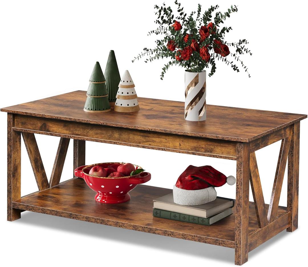 WLIVE Coffee Table, 43" Farmhouse Coffee Table with Storage Shelf & Sturdy V-Shaped Support, Wood Center Table for Living Room, Bedroom, Office and Balcony, Rustic Brown