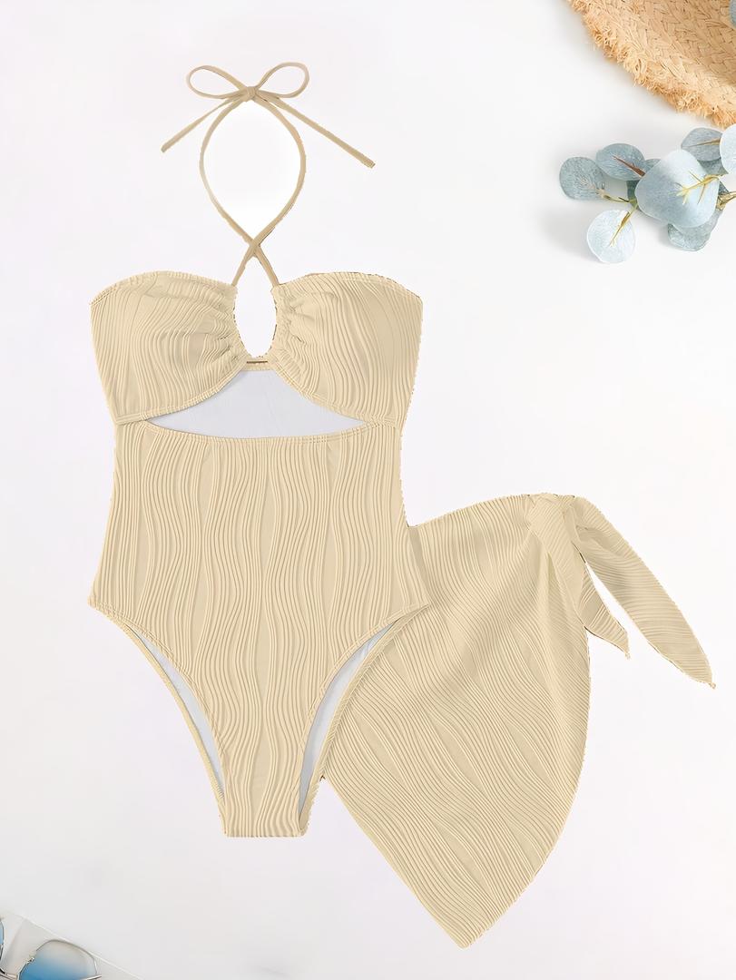 SKAYS Women's One Piece Swimsuit Hollow Out Texture Halter Solid Color Swimwear with Cover Up 2 Piece Swimsuit, Small