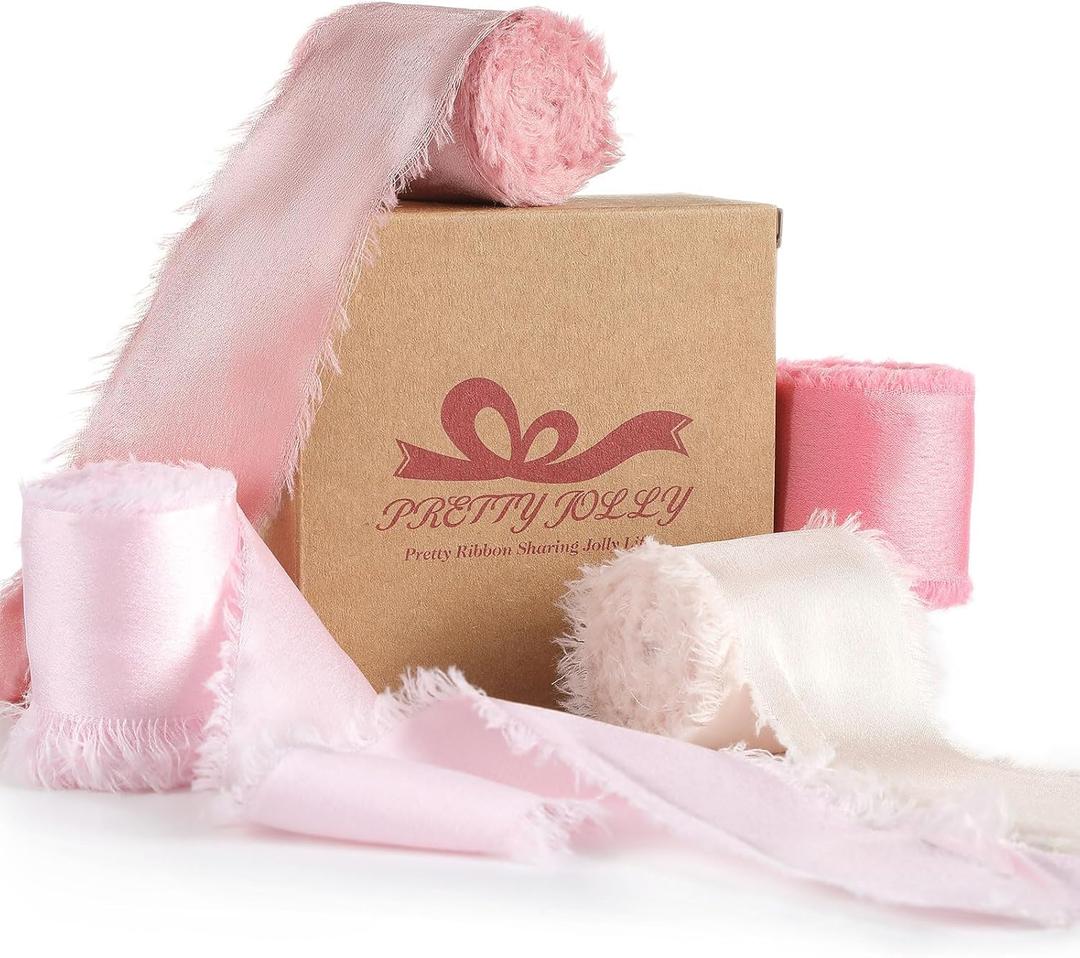 Pretty Jolly Pink Set Silk Satin Ribbon for Flower Bouquet 4 Rolls 1 Inch x 5Yd Handmade Frayed Fabric Ribbons for Gift Wrapping,Crafts,Baby Shower,Wedding Invitations,Hair Bows and Holiday Decor