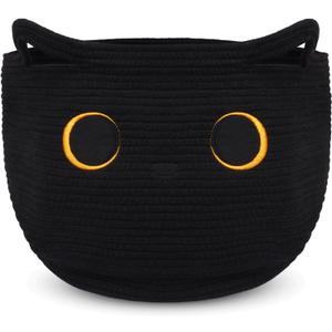 Cute Black Cat Round Basket - Cotton Rope Baskets Large Baby Laundry Blasket for Nursery, Woven Blanket Basket Hamper With Handle Toy Storage Basket for Gifts, Baby Shower 14 12 inchs 30.5L
