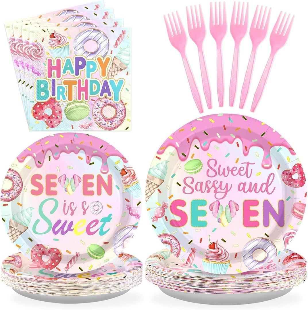 Grencian 96 Pcs Sweet Sassy and 7 Birthday Decorations Donut 7th Birthday Party Decorations for Girls Colorful Donut Plates and Napkins 7 Years Old Disposable Party Supplies Serves 24