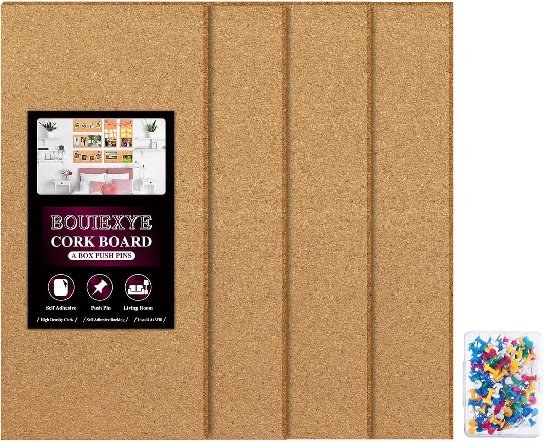 Cork Board 17 X 8 inch Self Adhesive Corkboards for Wall School Home Office 4 Pack Bulletin Boards with 100 Push Pins