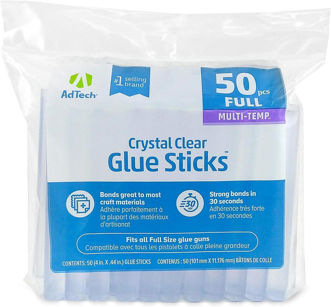 AdTech Crystal Clear Hot Glue Gun Sticks (W220-14ZIP50) Full Size Hot Glue Sticks. All-purpose glue sticks for crafting, scrapbooking & more. 50 pieces. Length: 4 Diameter: 44