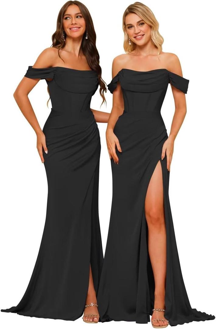 Dessiny Simple Off The Shoulder Bridesmaid Dresses Long for Women 2024 Simple Mermaid Ball Gown Satin Pleated Formal Party Dress with Slit Black US12