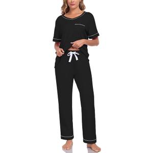 CF Women's 100% Cotton Pajama Sets Soft Short Sleeve Tops & Pants Comfy Sleepwear 2 Piece Lounge set with Pockets Loungewear (Medium, Black)