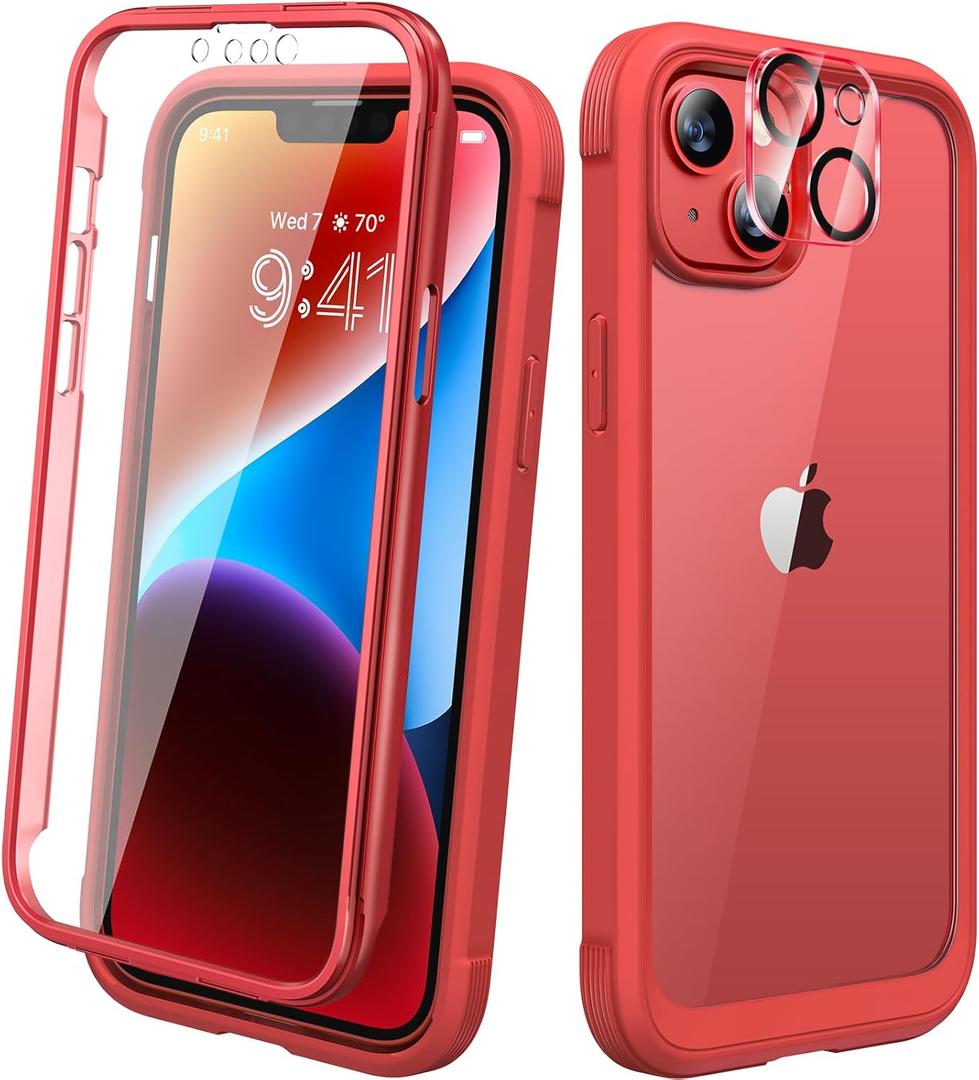Diaclara Designed for iPhone 14 Case, Full Body Rugged Case with Built-in Touch Sensitive Anti-Scratch Screen Protector, with Camera Lens Protector for iPhone 14 6.1" (Red and Clear)