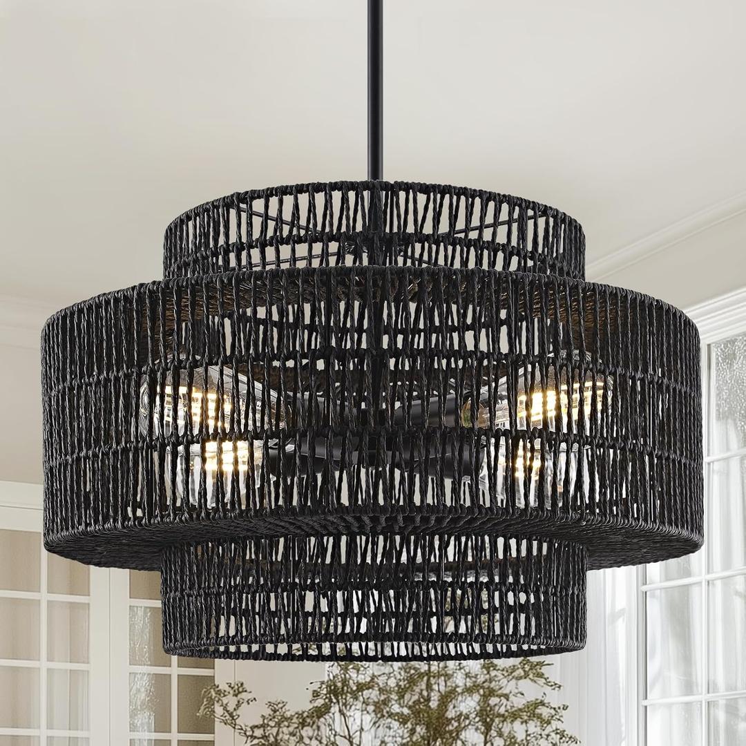 4-Light Black Boho Rattan Chandelier Light Fixture, 17.7 Hand Woven Rustic Chandeliers Farmhouse Chandelier Hanging Light for Dining Room Kitchen Island, Living Room, Foyer