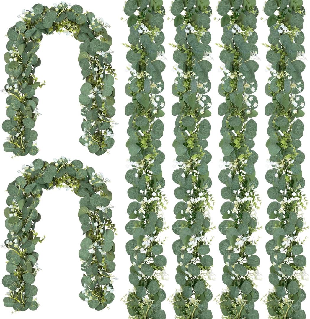 CQURE 6 Pack 5.9Ft Eucalyptus Garland,Artificial Eucalyptus Flowers Leaves Table Greenery Garland Wreath Vines for Wedding Party Table Bedroom Wall Decor