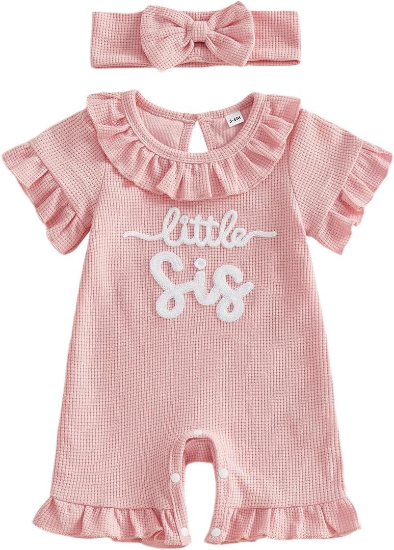 Sejardin Baby Girl Romper Letter Embroidery Newborn Infant Summer Clothes Short Sleeve Ruffle Crew Neck Jumpsuit Headband, Size 0-3 Months