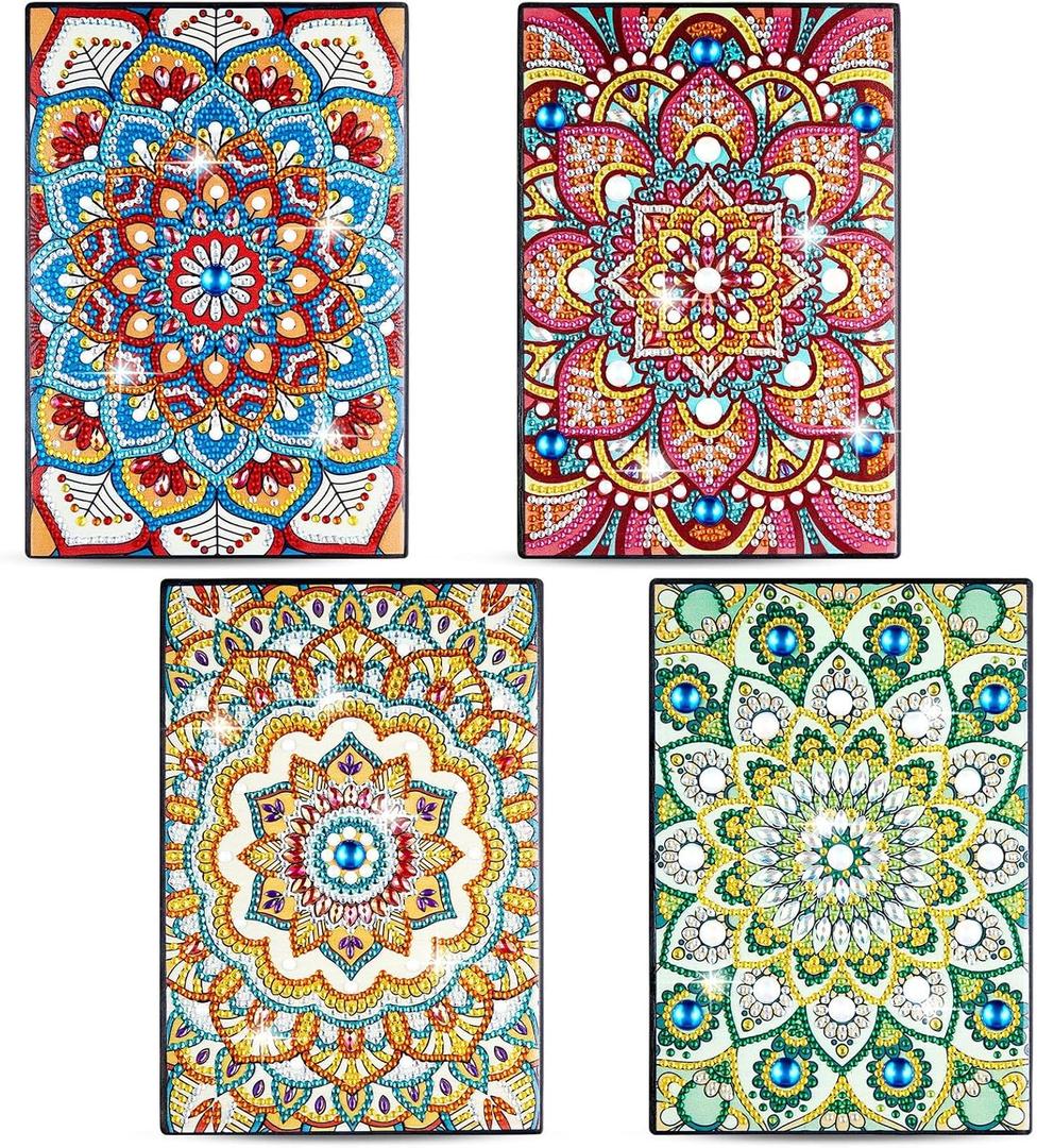 Fulmoon 4 Pcs Diamond Painting Notebook Kits 5.8 x 8.3 Inch DIY Art Cover Notebook Crystal Journal Sketchbook Notepad for Men Women Birthday Crafts Gift Drawing Painting(Mandala Style)