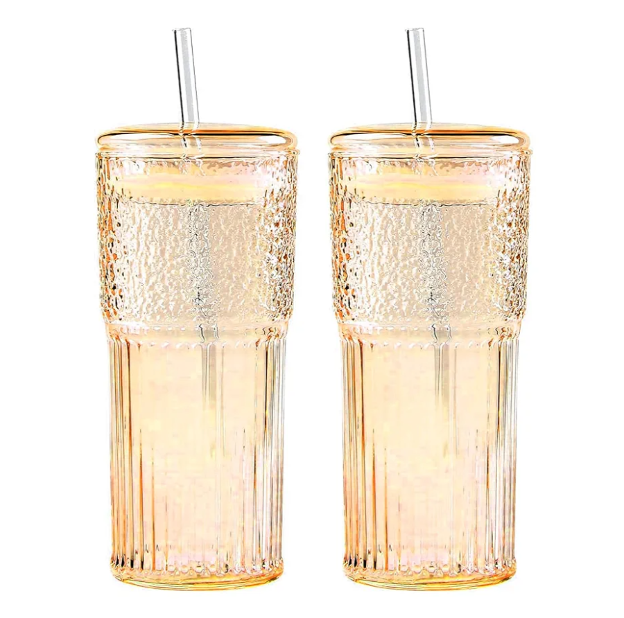 2PCS Glass Cups with Lids and Glass Straws, 20OZ Iced Coffee Cups, Home Essential and Coffee Bar Accessories Borosilicate Glass Tumblers with Lid and Straw for Beer, Cocktail, Tea and Latte, Amber