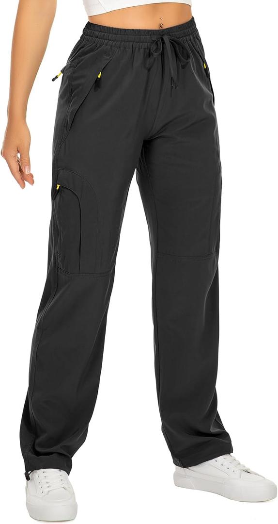 Womens Hiking Pants Quick Dry UPF 50 Lightweight Travel Golf Cargo Safari Pants Zipper Pockets (Large Petite, Black)