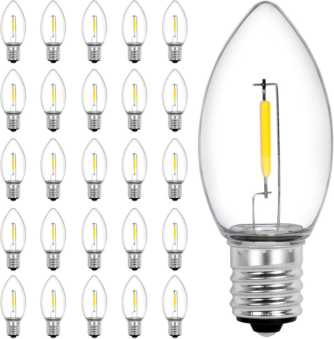 Vruxuri 25 Pack C9 LED Christmas Light Bulbs, C9 Replacement Bulbs Shatterproof Dimmable for Christmas String Lights, C9/E17 Base Sockets, Warm White