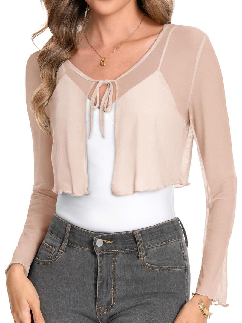 Women's Mesh Shrug Tie Front Cropped Bolero Cardigan Long Sleeve Top Sheer Shawl for Evening Dress S