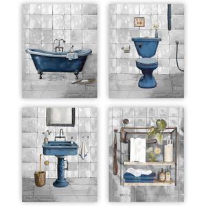 NIIORTY Retro Blue Theme Bathroom Wall Art, Farmhouse Decoration, Vintage Style Canvas Prints for Shower Room Restroom Decor, Set of 4, (8x10 Inch Unframed)