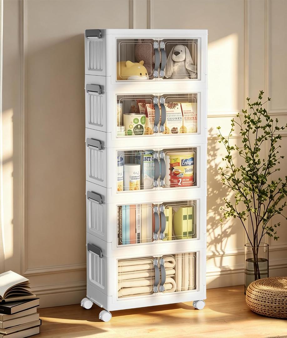 Hanyi 70 QT 5-Tier Stackable Storage Bins with Lids, Clear Doors, 4 Wheels