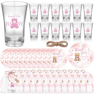 Funnymoom 50 Sets Pink Teddy Bear Baby Shower Decorations Girl We Can Bearly Wait Party Favors Birthday Gifts for Guests Acrylic Clear Shot Glasses Thank You Tags with Organza Bags for Gender Reveal