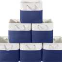 13 x 13 Inch Cube Storage Bins, 6 Pack Fabric Storage Basket with Handles, Foldable Boxes Organizer for Shelf Baskets for Home, Clothes (White/Blue)