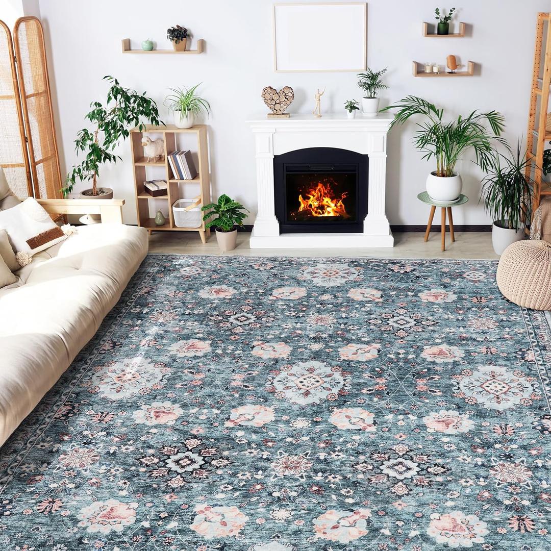 8x10 Area Rugs Washable Boho Rug, Non Slip Carpet for Living Room, Bedroom, Kitchen, Soft Low-Pile, Indigo/Floral