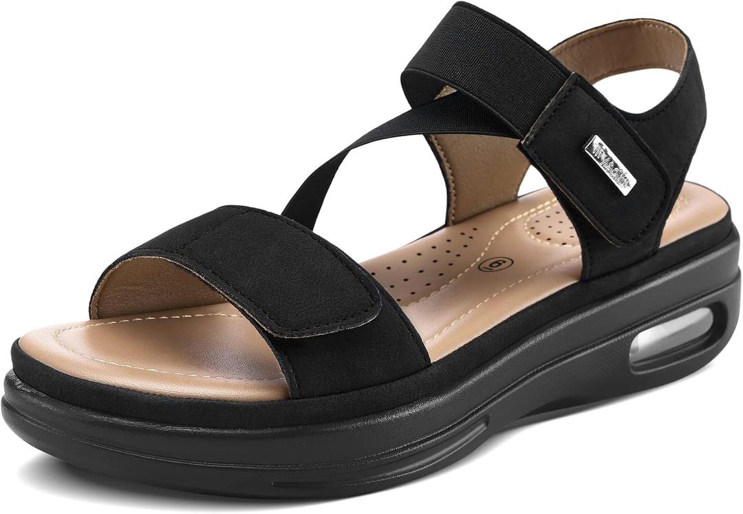 mysoft Women's Summer Walking Sandals Air Cushion Support Platform Ankle Strap Shoes Comfortable Casual Wedge Sandals (8.5, Black)
