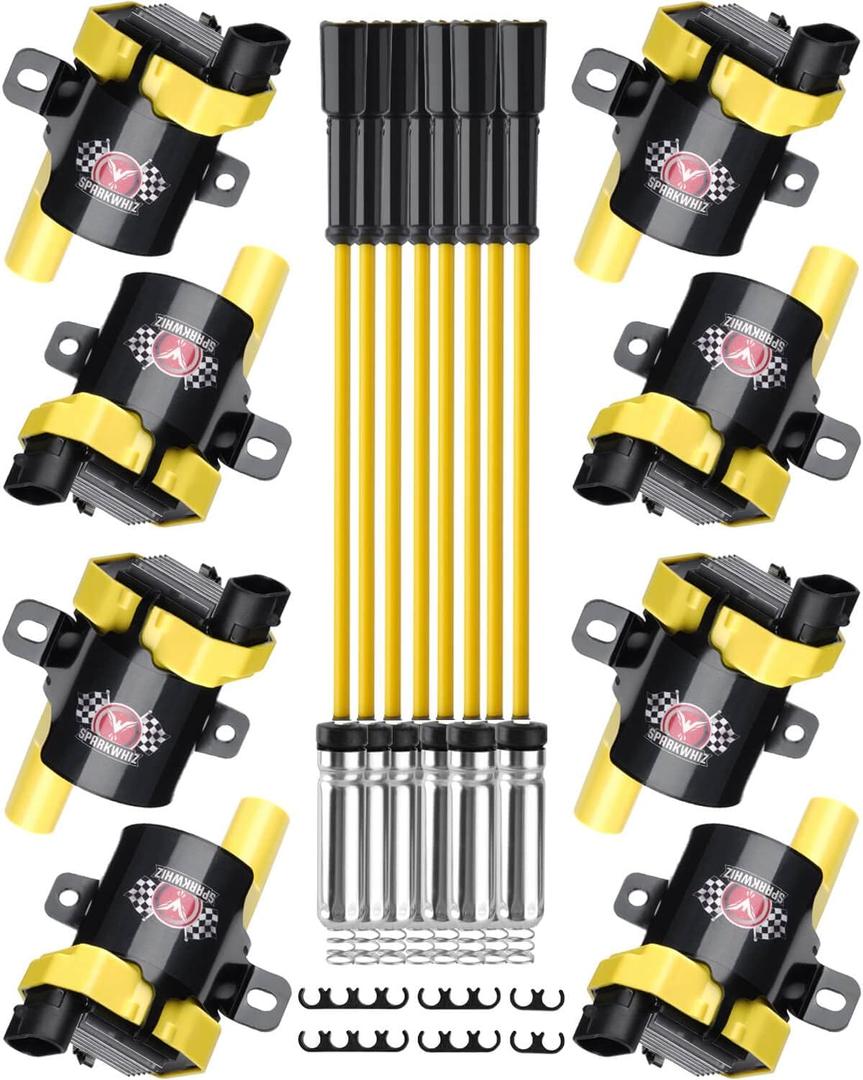 SPARKWHIZ Round Ignition Coil UF262  Pack of 8 with 748UU 8mm Spark Plug Wires Set, Partially Compatible with GMC Chevrolet Cadillac, Replacement of UF262 D585 12563293 C1251 19005218