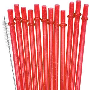 12-Pack Glitter Reusable Plastic Straws, 11" Long Hard Tumbler Drinking Straws with Cleaning Brush, Dishwasher Safe (Red)