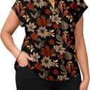 BEAUDRM Women's Plus Size Floral Blouse Retro Cap Sleeve V Neck Vacation Going Out Tops Shirt (XL)