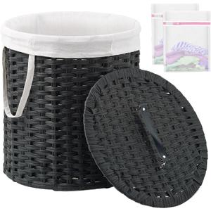 Laundry Hamper with Lid Wicker Laundry Hamper Round 26.5 Gal (100 L) Laundry Basket Handwoven Rattan Laundry Basket with Removable Bag Handles 2 Mesh Bags for Living Room Bedroom Black