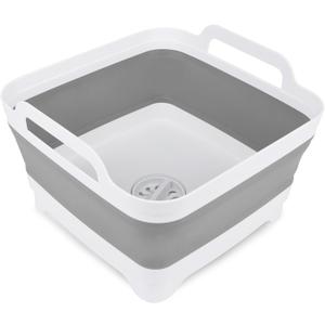 2.4 Gal(9L) Collapsible Dish Basin with Drain Plug, Kitchen Storage Tray Dish Wash Basin, Portable Dish Tub, Foldable Dishpan for Camping,RV,Gray
