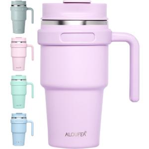 ALOUFEA 20 oz Insulated Coffee Mug Tumbler with Handle, Stainless Steel Travel Mug Tumbler with Lid and Straw,Double Wall Vacuum Leak Proof Ice Coffee Thermal Cup, Lavender