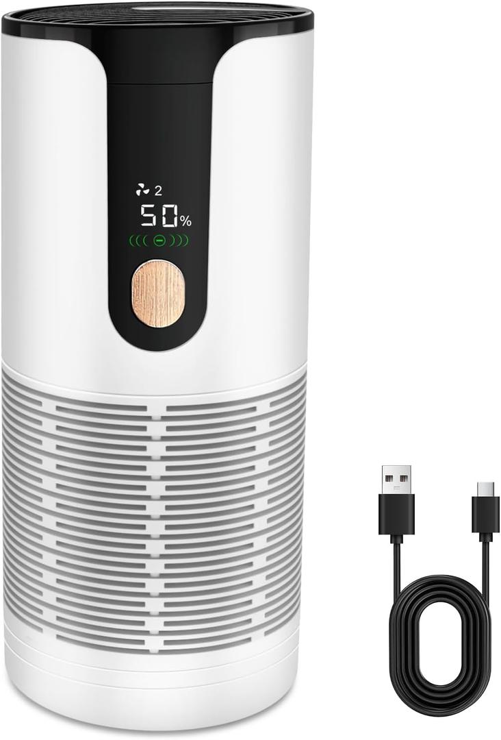Mini Car Air Purifier-True HEPA Portable Small Air Purifier with LCD Display,15dB Quiet,USB-C Charging,Filters Smoke/Dust/Pet Dander in Car/Office/Desk/TravelWhite