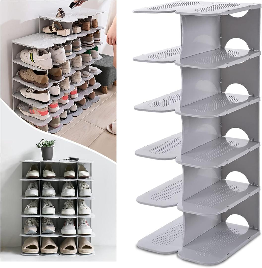 6-Tier Shoe Slots Organizer, Adjustable Vertical Narrow Stackable Shoes Rack for Closet, Free Standing Plastic Shelf Storage Stacker Saving Small Spaces and Entryway,Corner,Doorway,Grey
