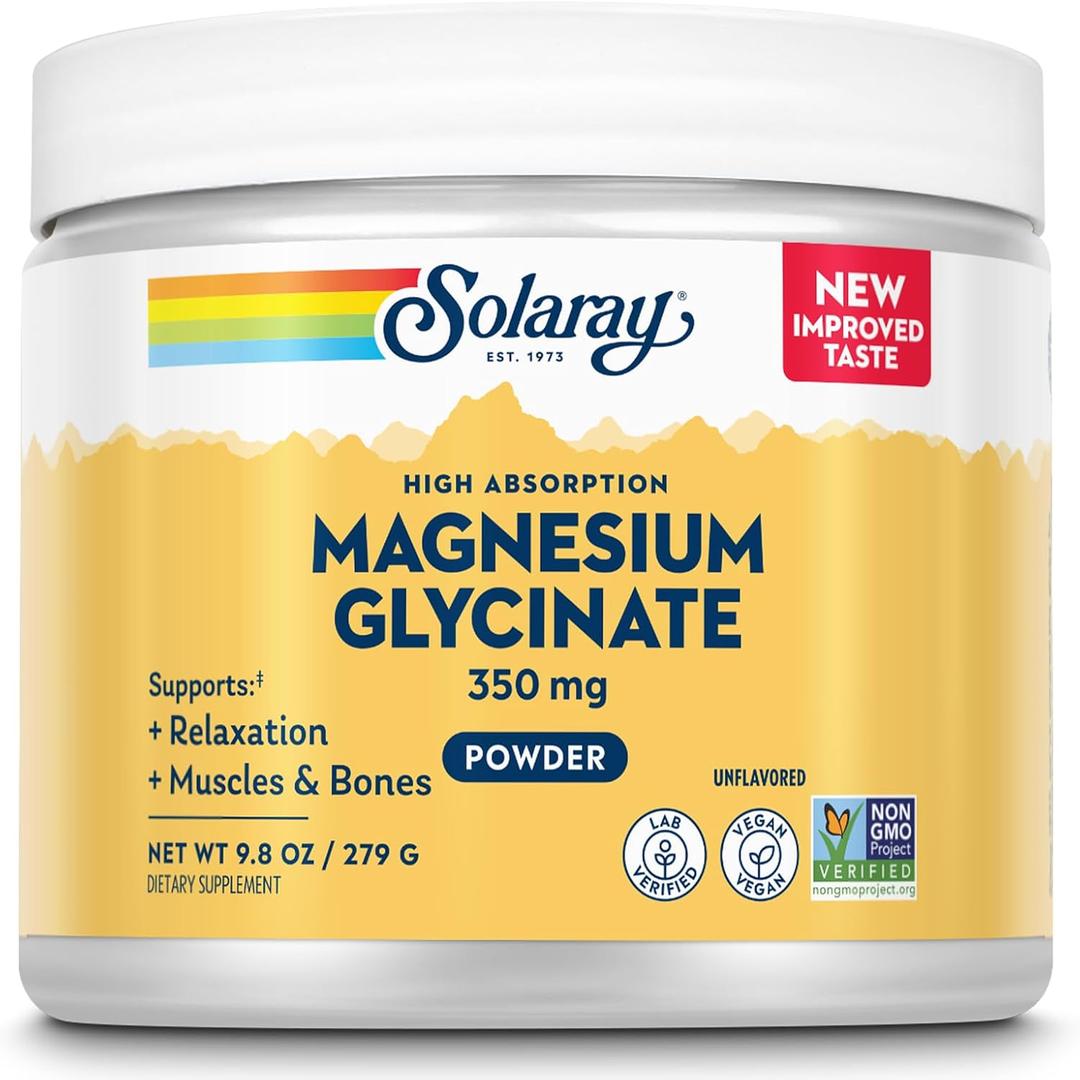SOLARAY Magnesium Glycinate Powder 350 mg - Unflavored Magnesium Powder - Magnesium Supplement for Bone, Muscle, and Relaxation Support - Vegan, Non-GMO, 50 Servings, 9.8 OZ, BBD 05/28