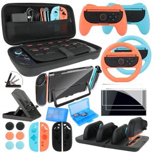 Switch 2 Accessories Bundle for Nintendo Switch 2, 23-in-1 Game Kit: Carrying Case, Charging Dock, Screen Protectors, Steering Wheels, Grips for Joycon, Dockable Console Protective Cover Case