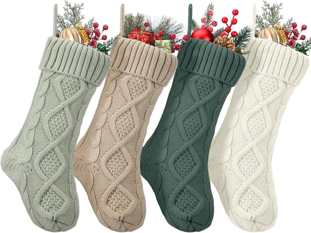 Coume 4 Pcs Sage Green Christmas Stockings 18" Large Knitted Christmas Stockings Knit Cable Boho Rustic Hanging Xmas Stockings for Fireplace Family Holiday Decor Decorations Ornament