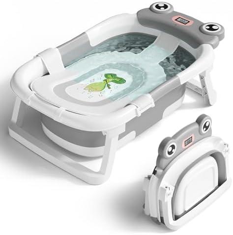 Baby Bathtub, Collapsible Newborn Bathtub for Infant to Toddler 0-24 Months with Soft Cushion and Thermometer,Portable Travel Newborn Tub with No-Slip Feet, Baby Shower Gifts,Grey