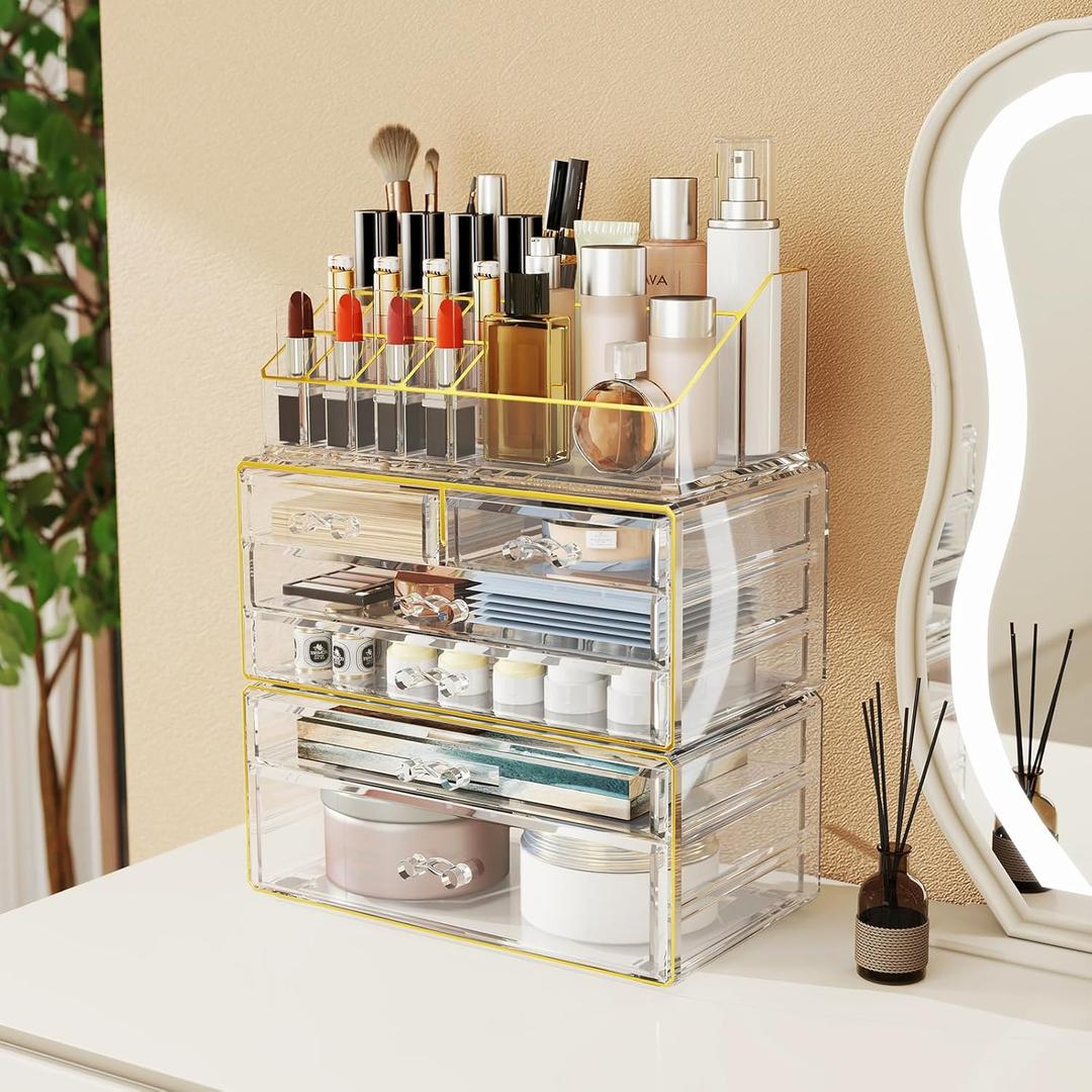 Delamu 3pc 6-Drawer Makeup Organizer Countertop Cosmetic Organizer for Vanity | Bathroom | Skincare | Perfume | Lipstick Storage, Casual Pairing No Assembly, Crystal Clear with Luxe Gold Trim