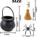 ROYHOO 48PCS Halloween Mini Witch Cauldron Set- 12 Pack Small Plastic Black Candy Cauldron with Spider, Broom, Witch Hat for Halloween Dollhouse Craft Accessories Table Decoration Supply