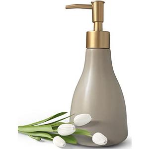 280ml Liquid Soap Dispenser for Bathroom with Gold Pump, Dish Soap Dispenser for Kitchen Refillable Countertop Lotion Ceramics Khaki Hand Soap Dispenser for Shower