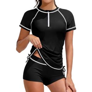 Girls Swimsuit Rash Guard Bathing Suit for Girls 2 Piece Short Sleeve Solid Color UPF 50+ Padded Zip Swimwear, Size: 15-16 Years